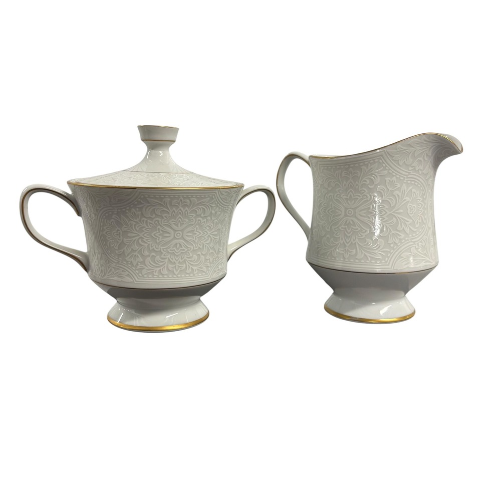 Sango China Hacienda 3772 Sugar Bowl and Creamer Set White Gold Embossed Japan